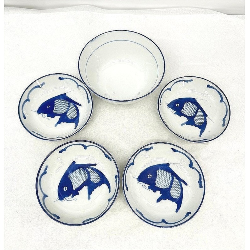 Chinese Koi Fish Carp Ceramic Rice Dipping Bowl SET of 5 Piece Asian Serverware